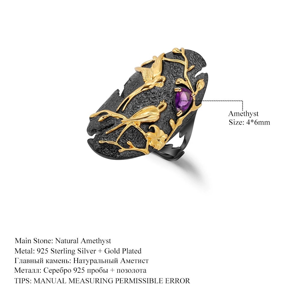 925 Sterling Silver Natural Amethyst & Bird Ring - 2