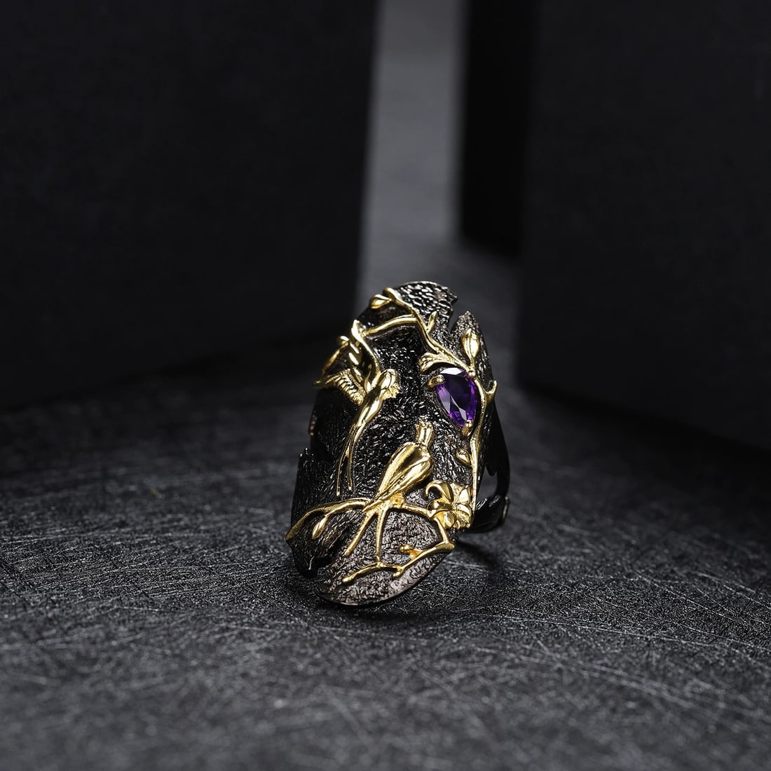 925 Sterling Silver Natural Amethyst & Bird Ring - 3