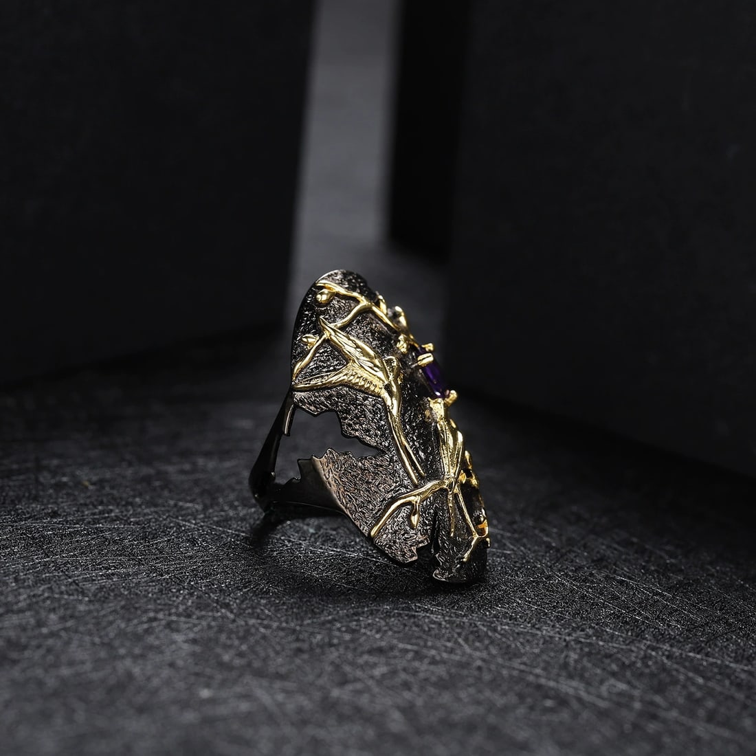 925 Sterling Silver Natural Amethyst & Bird Ring - 4