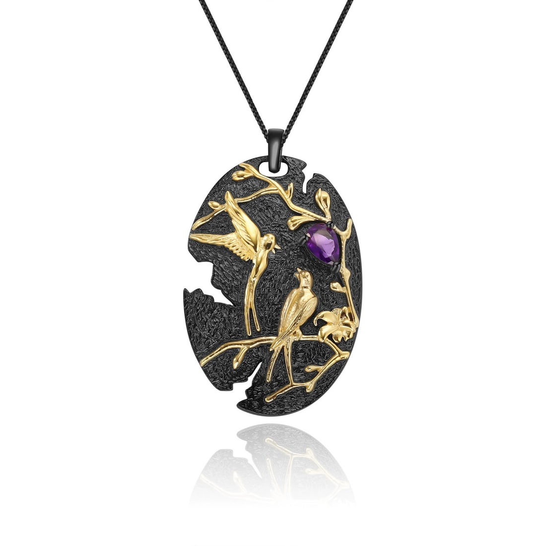 925 Sterling Silver Natural Amethyst & Bird Necklace: Ref:260821319 // gold content:925 sterling silver // main gemstone:amethyst // shape:pear // carat weight: // color:purple // treatment:natural // Condition: New Low Estimate: 440.00 High Estimate: 66