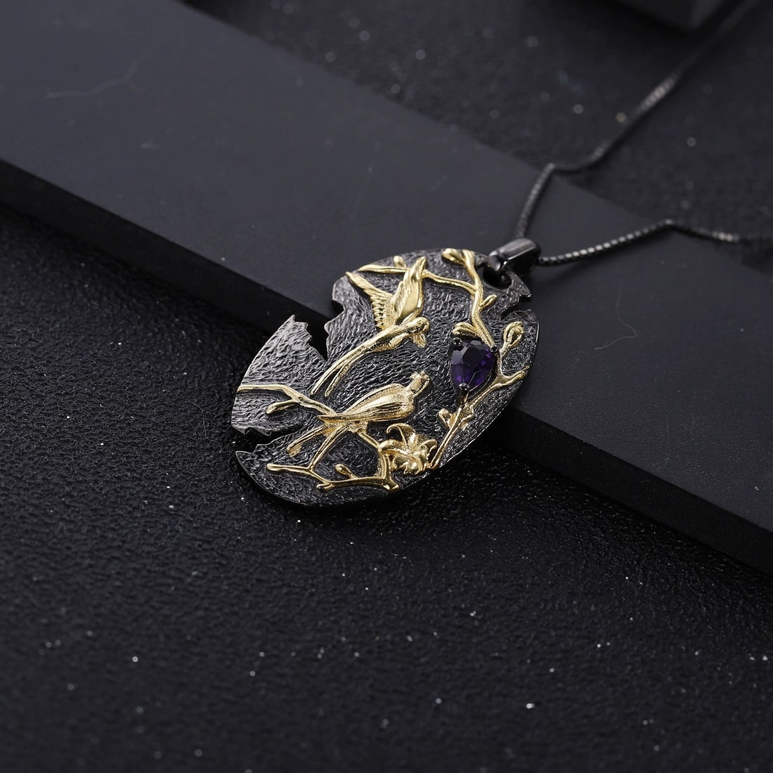 925 Sterling Silver Natural Amethyst & Bird Necklace - 4