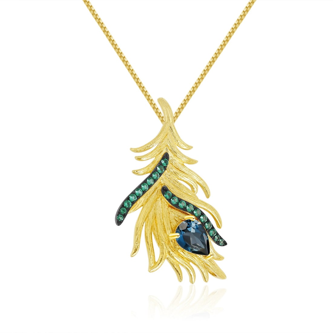 925 Sterling Silver Natural Topaz & Nano Emerald & Feather Necklace: Ref:260821323 // gold content:925 sterling silver // main gemstone:topaz // shape:pear // carat weight: // color:blue // treatment:natural // // adjacent gemstone 2 : nano emerald // shape:round //