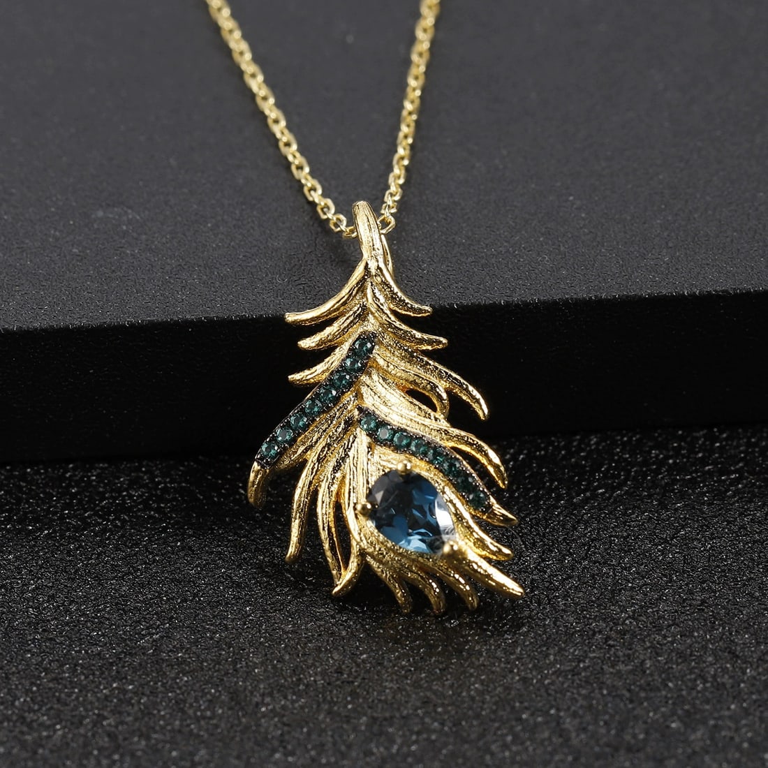925 Sterling Silver Natural Topaz & Nano Emerald & Feather Necklace - 3