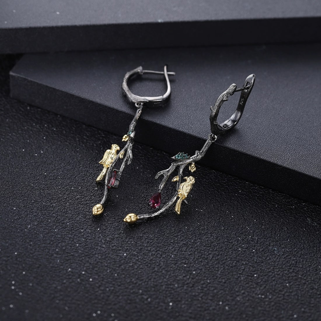 925 Sterling Silver Natural Rhodolite Garnet & Nano Emerald Earrings - 3