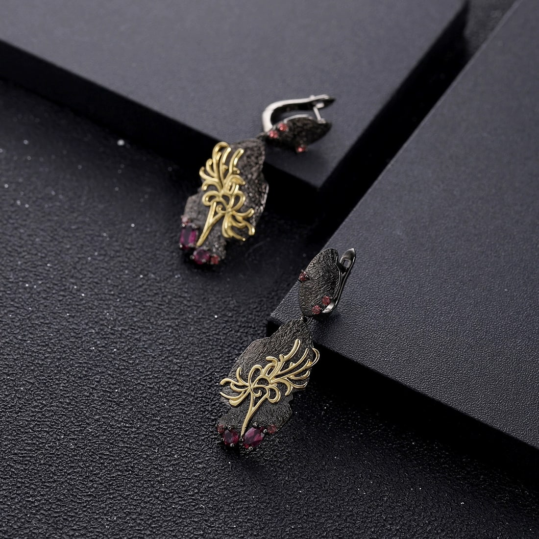 925 Sterling Silver Natural Rhodolite Garnet & Synthetic Ruby Earrings - 3