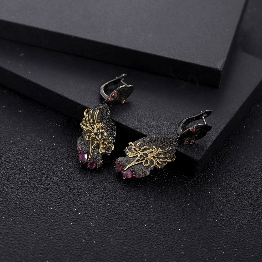 925 Sterling Silver Natural Rhodolite Garnet & Synthetic Ruby Earrings - 4