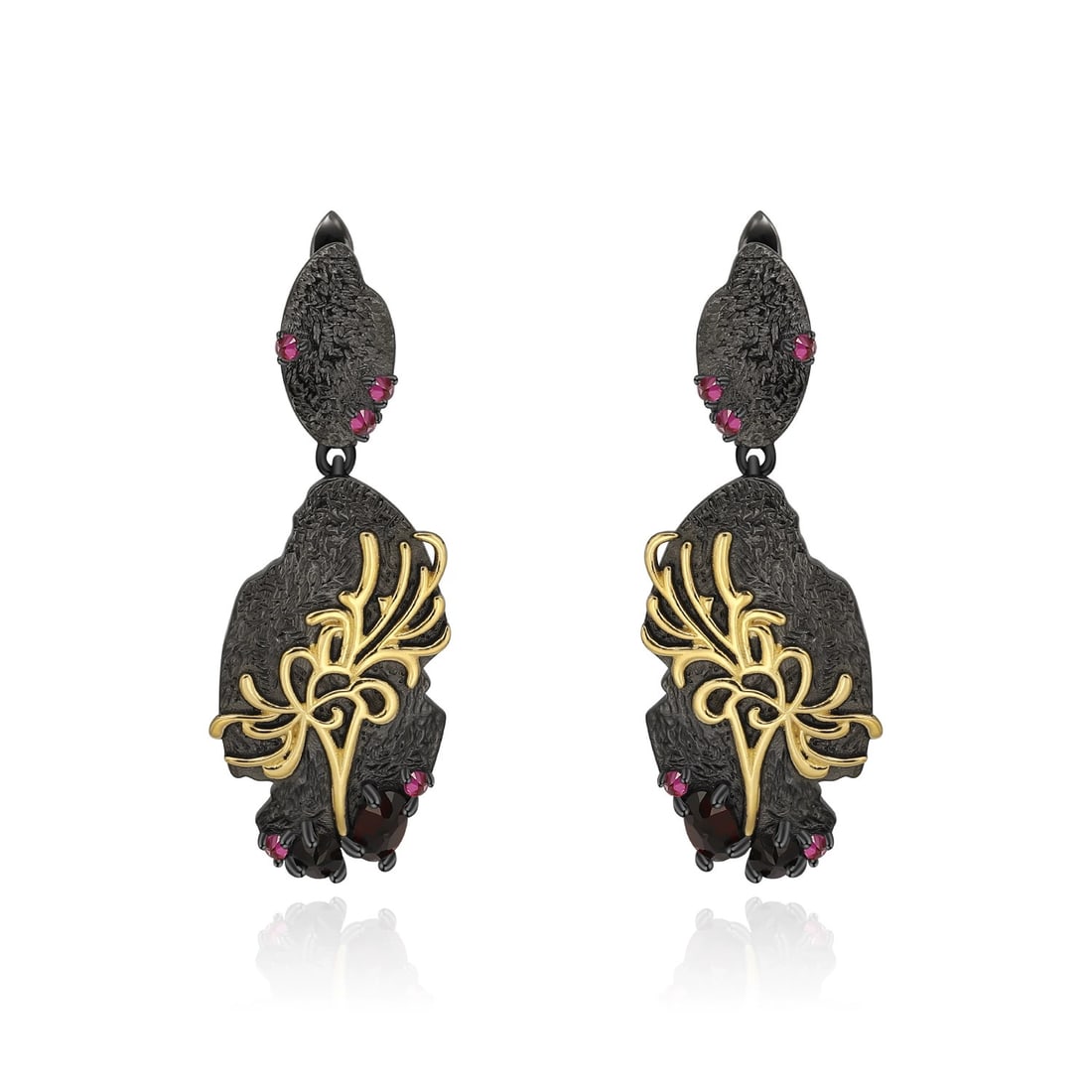 925 Sterling Silver Natural Rhodolite Garnet & Synthetic Ruby Earrings - 6