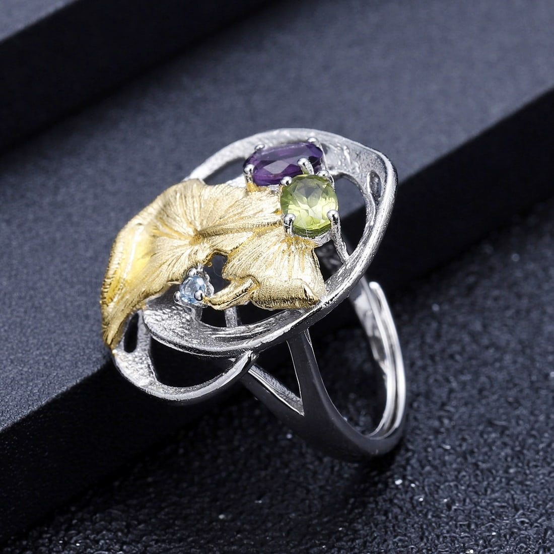 925 Sterling Silver Natural Amethyst & Peridot & Topaz Ring - 3