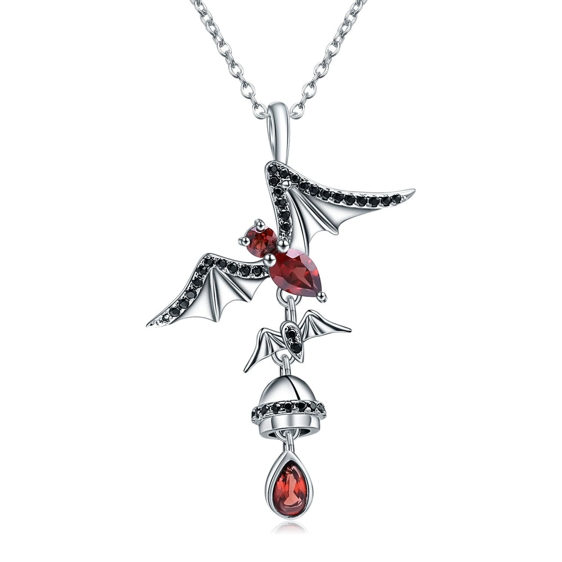 925 Sterling Silver Natural Garnet & Bat Necklace: Ref:260821352 // gold content:925 sterling silver // main gemstone:garnet // shape:multiple // carat weight: // color:red // treatment:natural // Condition: New Low Estimate: 300.00 High Estimate: 440