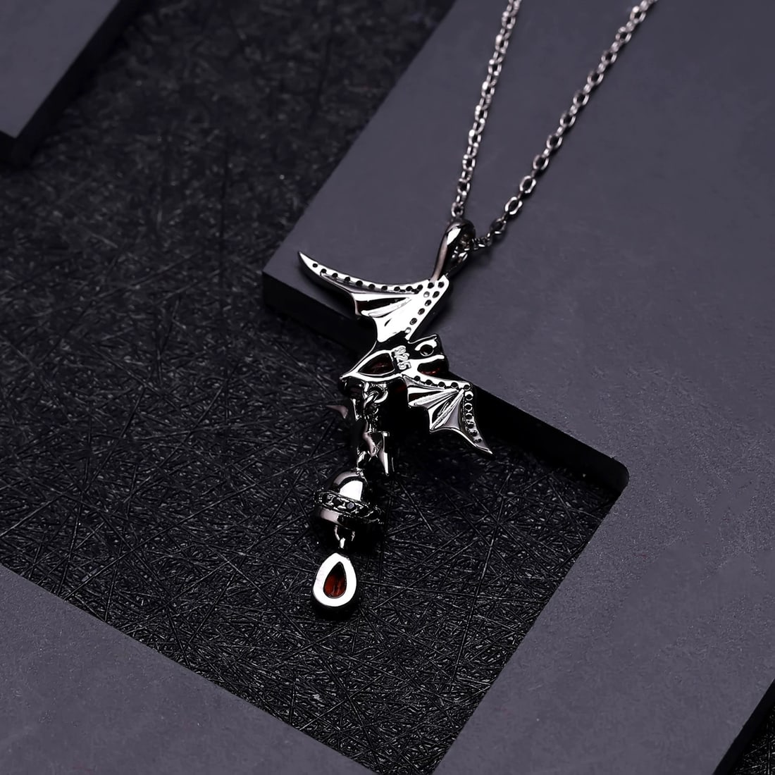 925 Sterling Silver Natural Garnet & Bat Necklace - 2