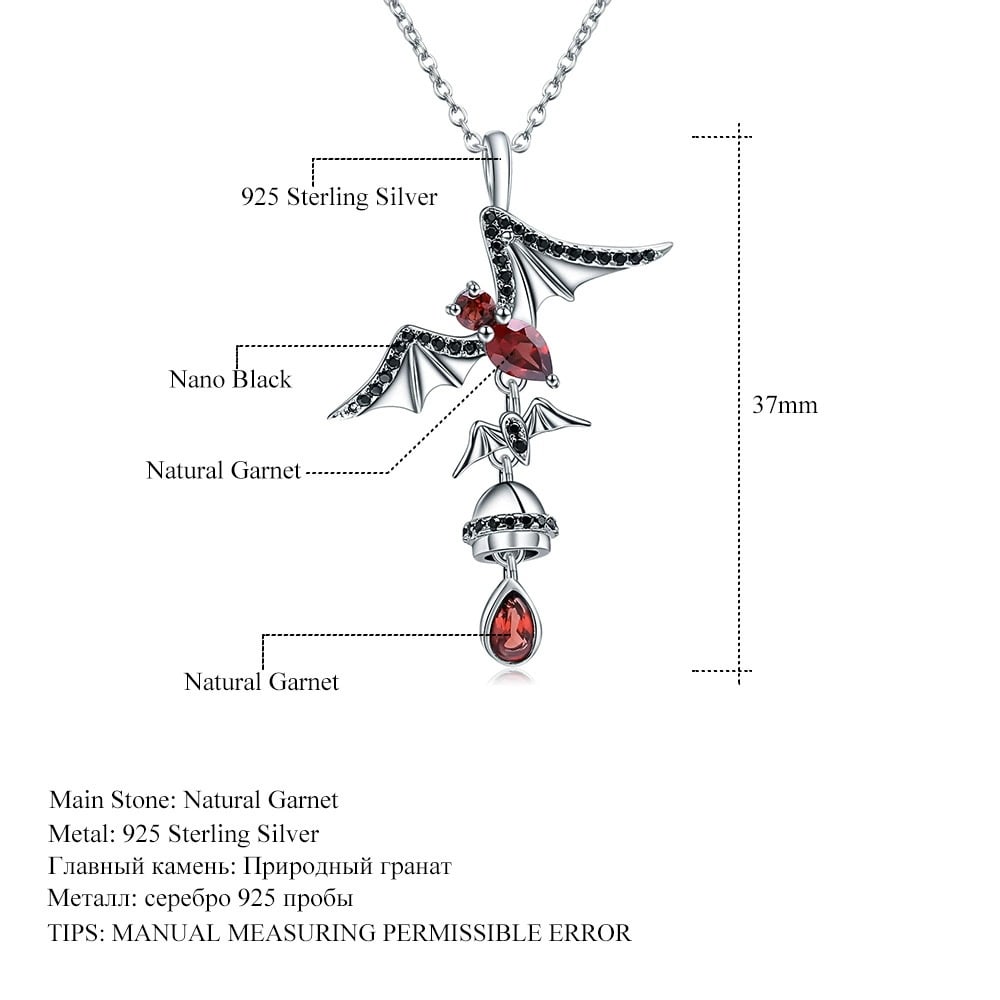925 Sterling Silver Natural Garnet & Bat Necklace - 4