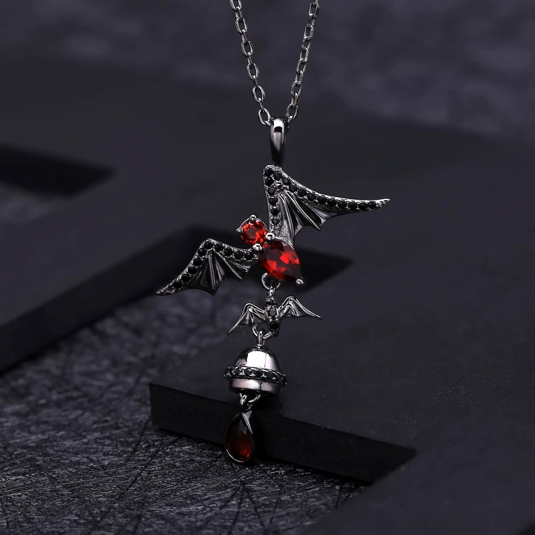 925 Sterling Silver Natural Garnet & Bat Necklace - 5