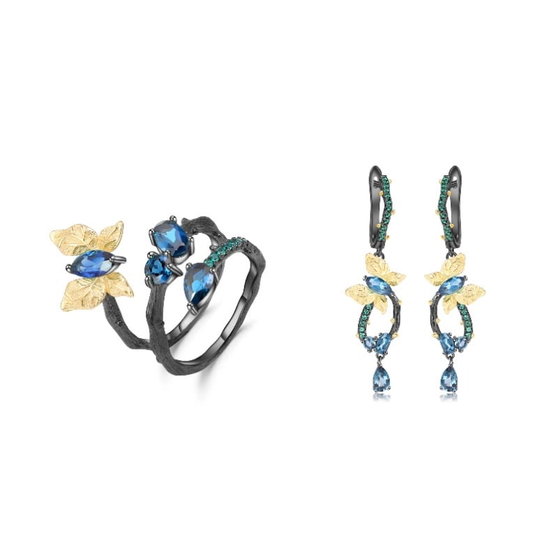 925 Sterling Silver Natural Topaz & Topaz & Flowers Jewelry Set: Ref:260821404 // gold content:925 sterling silver // ring size:7. 25us // // main gemstone:topaz // shape:pear // carat weight:0. 50ct // color:blue // treatment:natural // // adjacent gemstone 2 : to