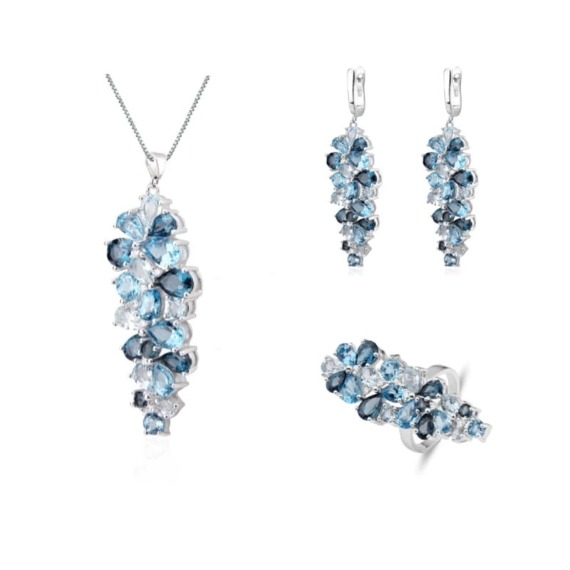 925 Sterling Silver Natural Topaz Jewelry Set: Ref:260821405 // gold content:925 sterling silver // ring size:7. 25us // // main gemstone:topaz // shape:multiple // carat weight: // color:blue // treatment:natural // Condition: New Low Estimate: 2
