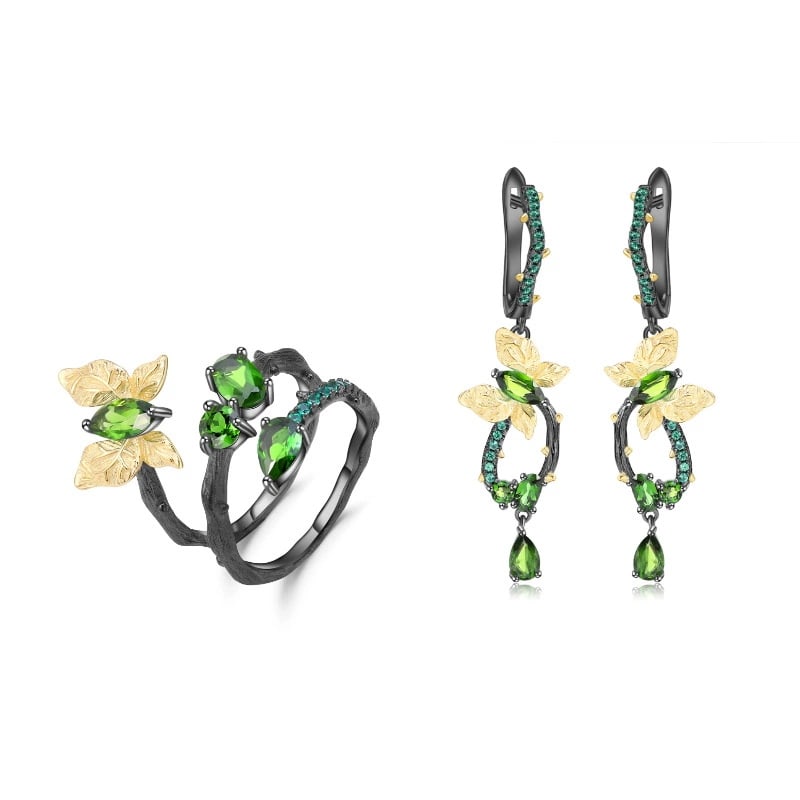 925 Sterling Silver Natural Diopside Jewelry Set: Ref:260821407 // gold content:925 sterling silver // ring size:7. 25us // // main gemstone:diopside // shape:multiple // carat weight:0. 50ct // color:green // treatment:natural // Condition: New Low
