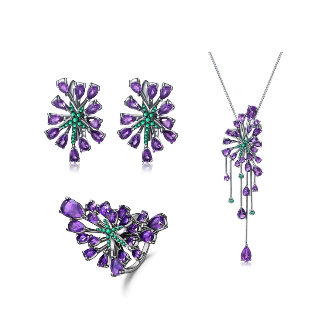 925 Sterling Silver Natural Amethyst Jewelry Set: Ref:260821409 // gold content:925 sterling silver // ring size:7. 25us // // main gemstone:amethyst // shape:multiple // carat weight:0. 50ct // color:purple // treatment:natural // Low Estimate: 1300