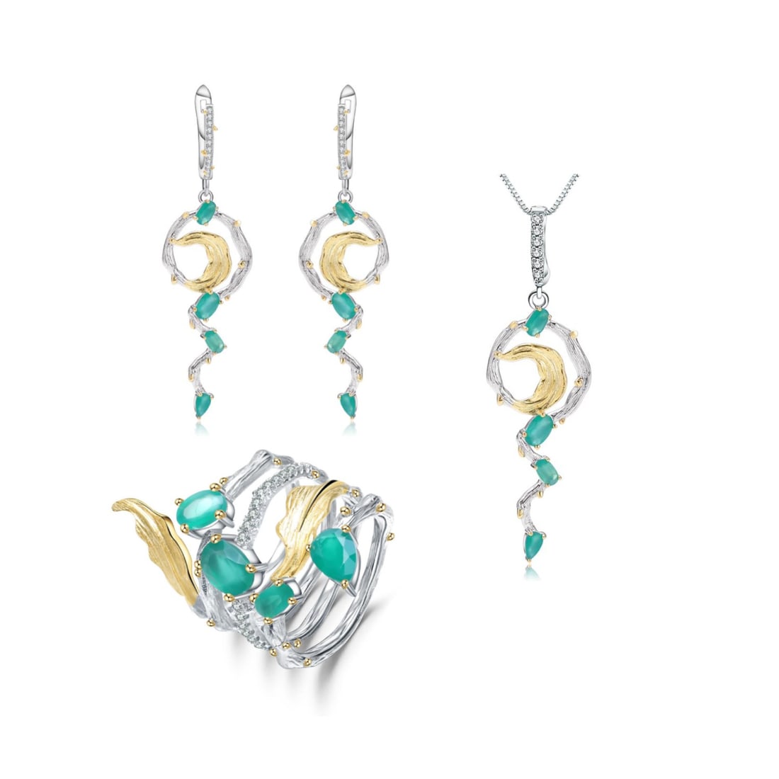 925 Sterling Silver Natural Agate Jewelry Set: Ref:260821411 // gold content:925 sterling silver // ring size:7. 25us // // main gemstone:agate // shape:multiple // carat weight:0. 50ct // color:green // treatment:natural // Condition: New Low Est