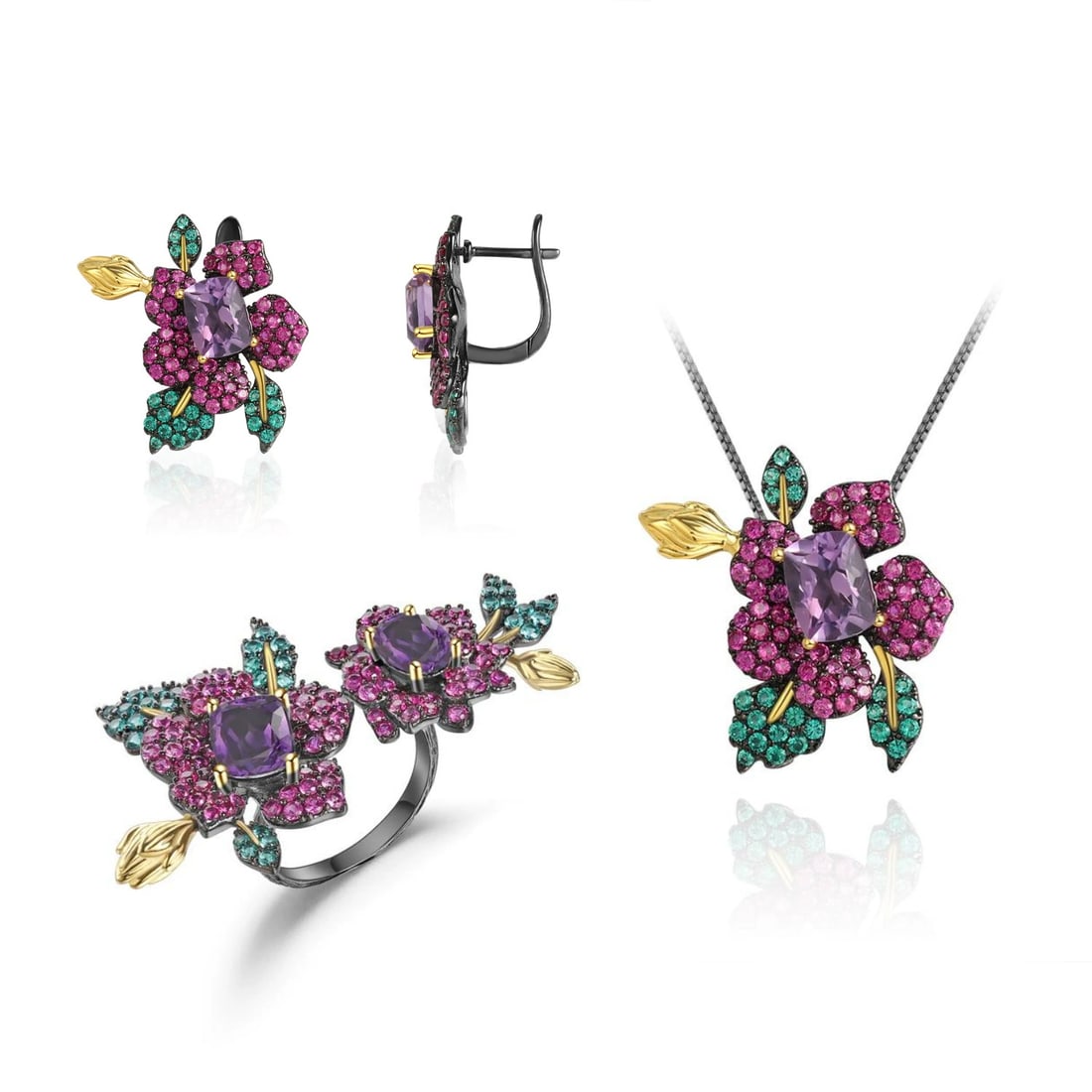 925 Sterling Silver Natural Amethyst & Garnet & Diopside Jewelry Set: Ref:260821412 // gold content:925 sterling silver // ring size:7. 25us // // main gemstone:amethyst // shape:multiple // carat weight:0. 50ct // color:purple // treatment:natural // // adjacent gemsto
