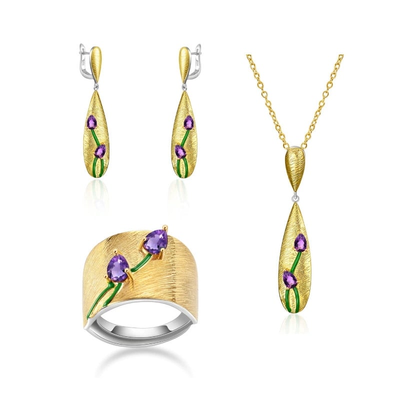 925 Sterling Silver Natural Amethyst Jewelry Set: Ref:260821418 // gold content:925 sterling silver // ring size:7. 25us // // main gemstone:amethyst // shape:multiple // carat weight:0. 50ct // color:purple // treatment:natural // Condition: New Low