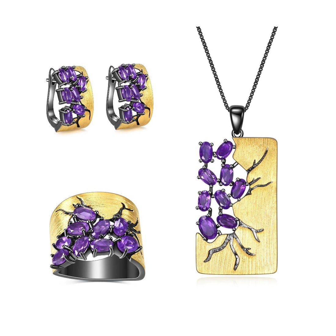 925 Sterling Silver Natural Amethyst Jewelry Set: Ref:260821419 // gold content:925 sterling silver // ring size:7. 25us // // main gemstone:amethyst // shape:multiple // carat weight:0. 50ct // color:purple // treatment:natural // Condition: New Low