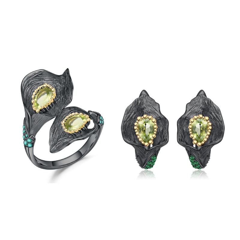 925 Sterling Silver Natural Peridot Jewelry Set: Ref:260821421 // gold content:925 sterling silver // ring size:7. 25us // // main gemstone:peridot // shape:multiple // carat weight:0. 50ct // color:green // treatment:natural // Condition: New Low E