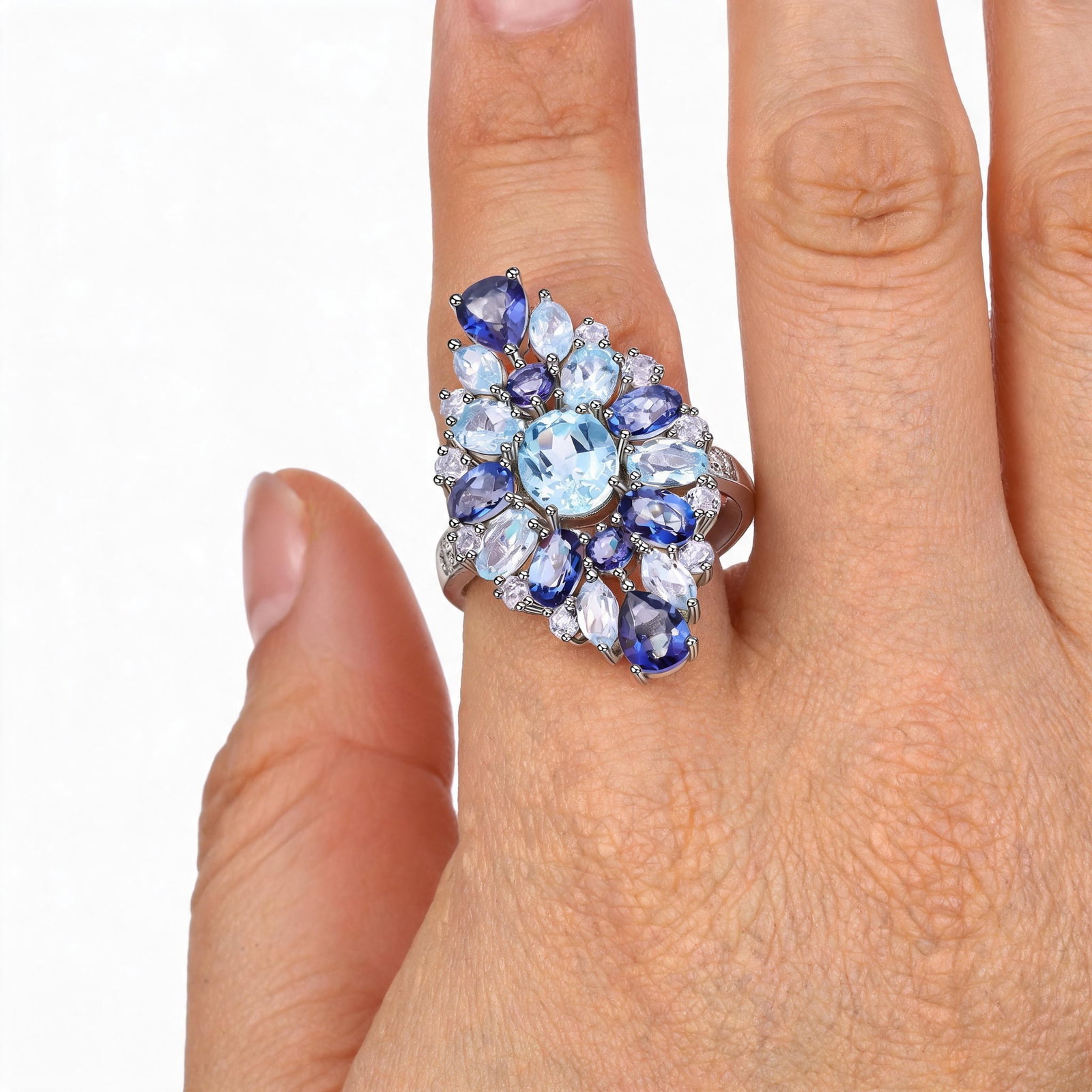 925 Sterling Silver Natural Topaz & Mystic Quartz & Cubic Zirconia Ring - 6