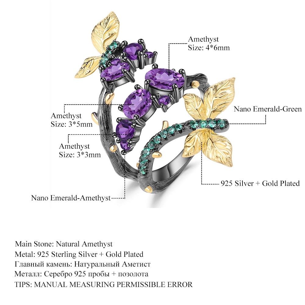925 Sterling Silver Natural Amethyst & Nano Emerald Ring - 2