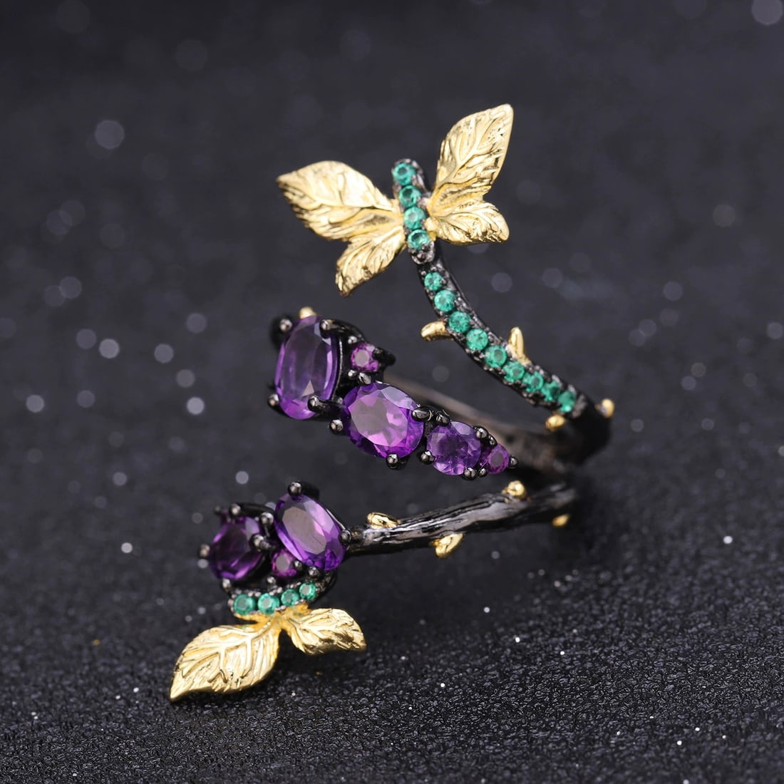 925 Sterling Silver Natural Amethyst & Nano Emerald Ring - 3