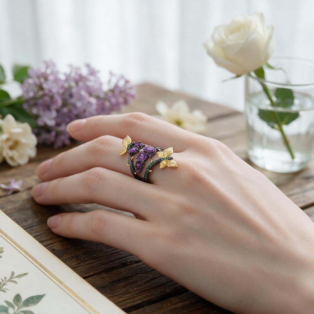 925 Sterling Silver Natural Amethyst & Nano Emerald Ring - 4