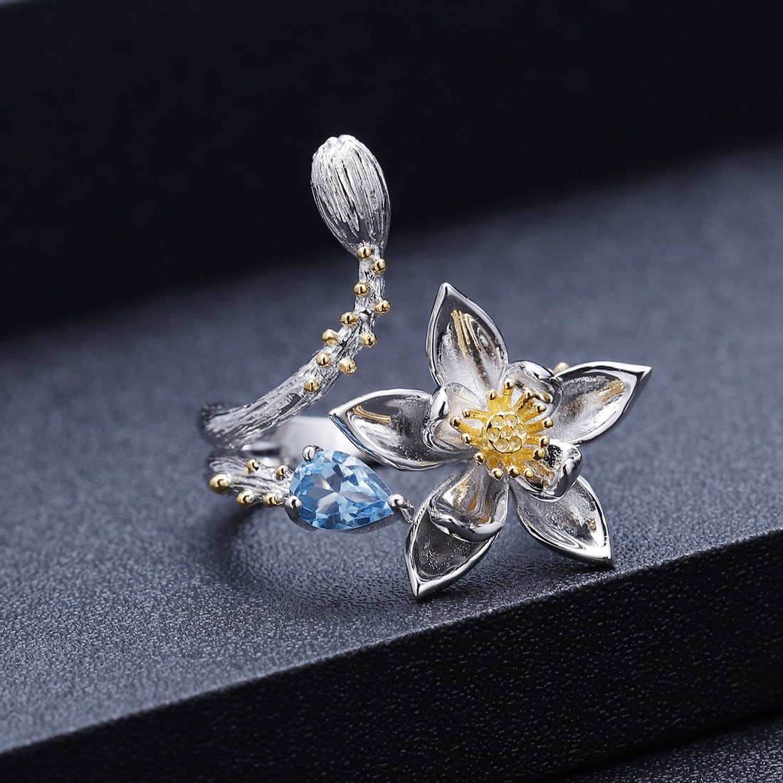 925 Sterling Silver Natural Topaz & Flowers Ring - 2
