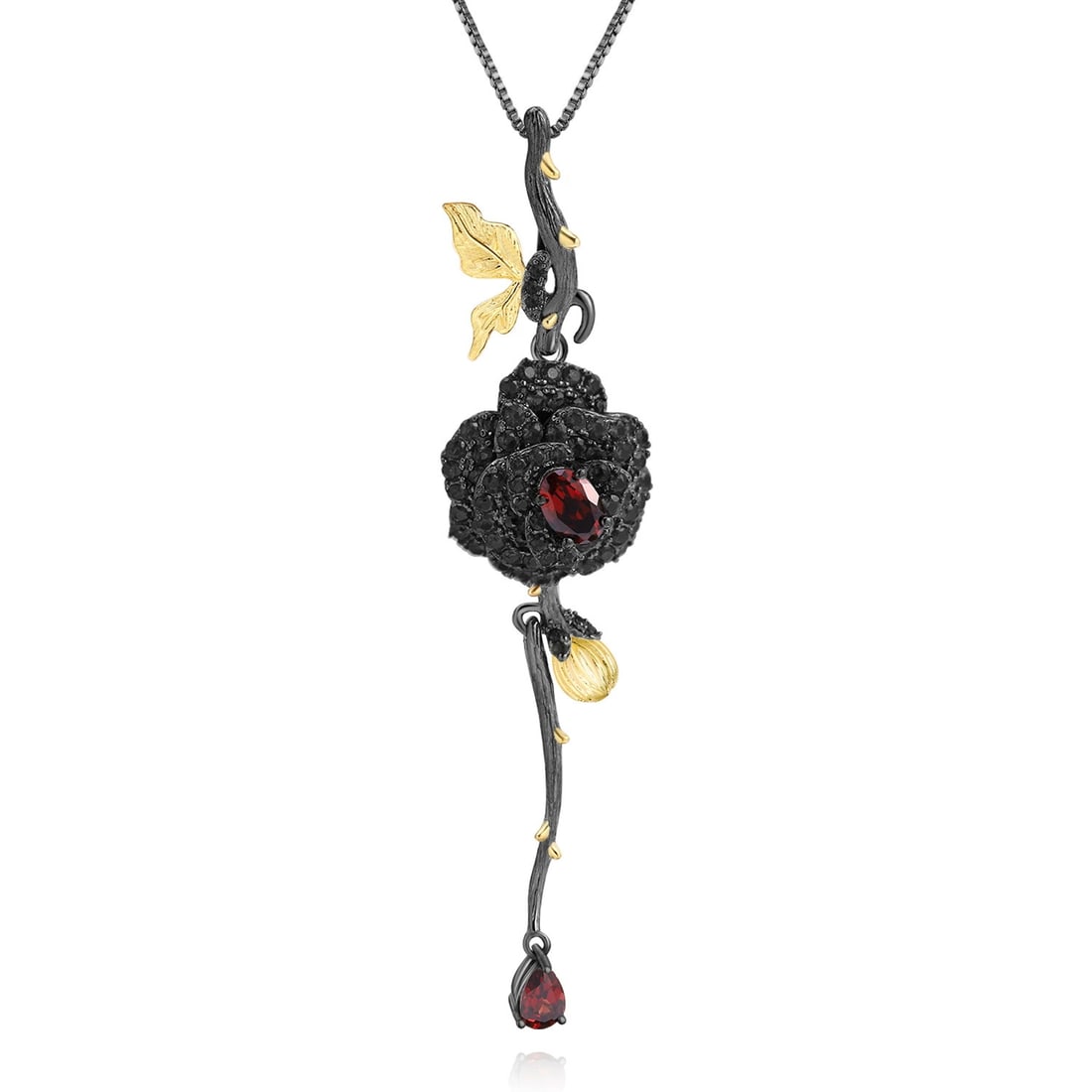 925 Sterling Silver Natural Rhodolite Garnet & Lab Created Ruby & Flowers Necklace - 2