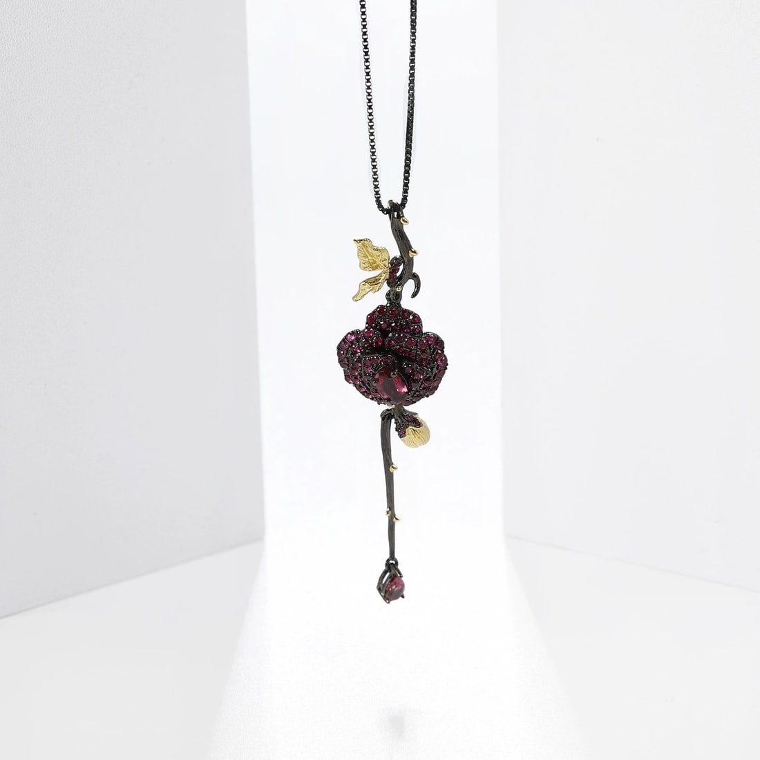 925 Sterling Silver Natural Rhodolite Garnet & Lab Created Ruby & Flowers Necklace - 6