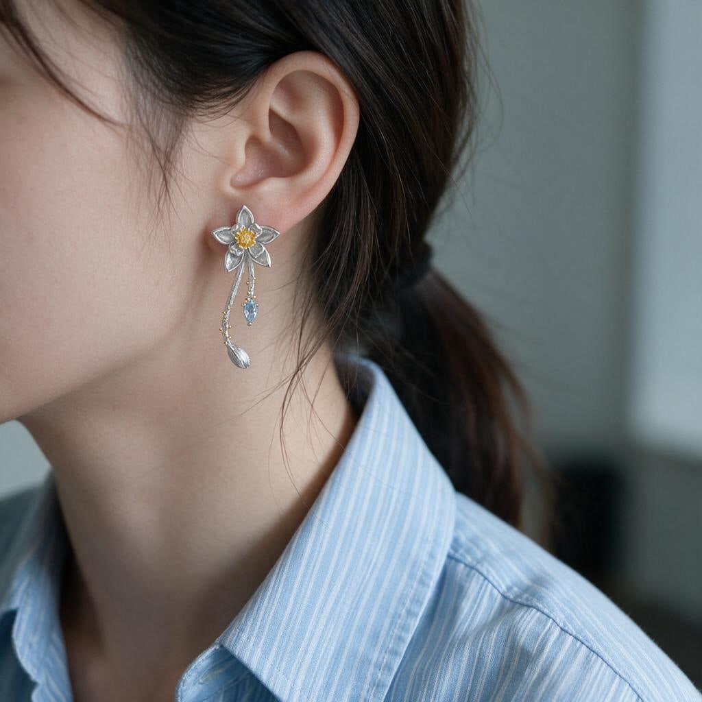 925 Sterling Silver Natural Topaz & Flowers Earrings - 3