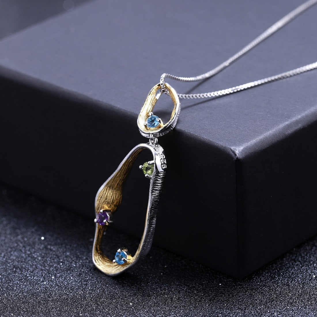 925 Sterling Silver Natural Topaz & Peridot & Amethyst Necklace - 4