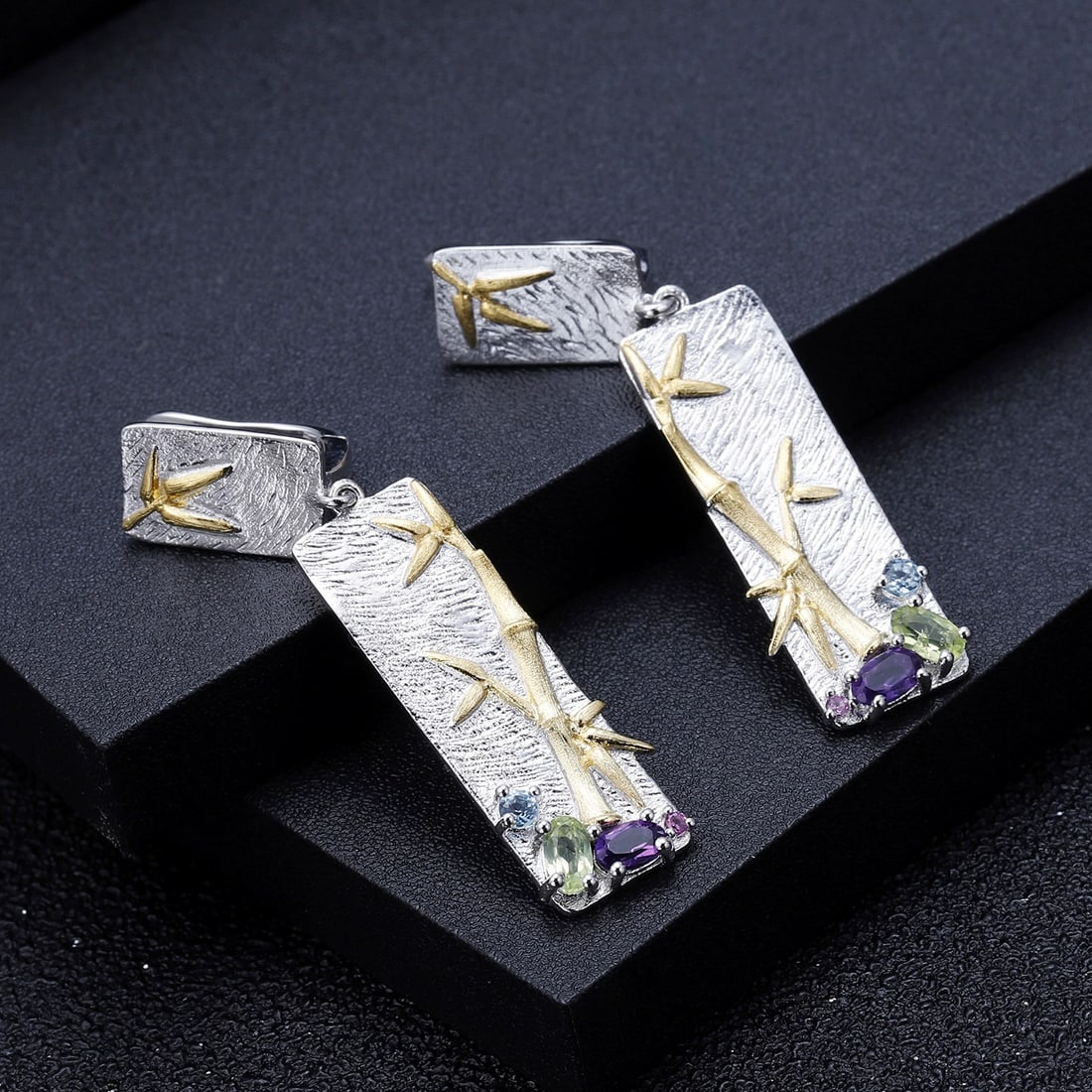 925 Sterling Silver Natural Amethyst & Peridot & Topaz Earrings - 3