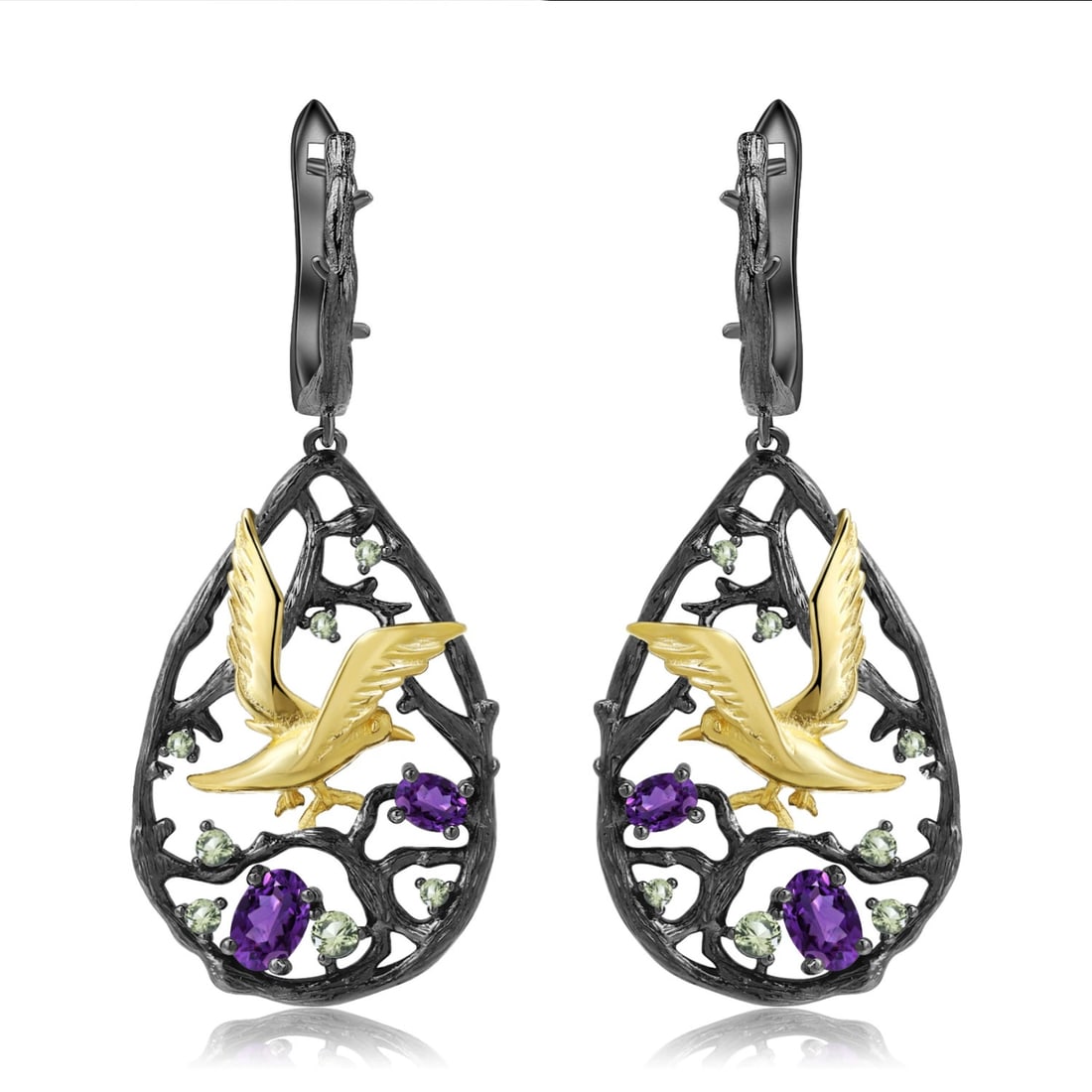 925 Sterling Silver Natural Amethyst & Peridot Earrings: Ref:260821086 // gold content:925 sterling silver // main gemstone:amethyst // shape:oval // carat weight: // color:purple // treatment:natural // // adjacent gemstone 2 : peridot // shape:round //