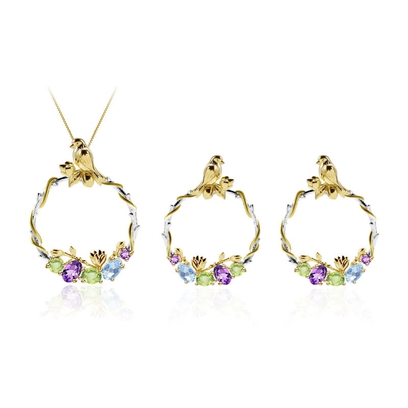 925 Sterling Silver Natural Amethyst & Peridot & Topaz & Bird Earrings: Ref:260821080 // gold content:925 sterling silver // main gemstone:amethyst // shape:multiple // carat weight: // color:purple // treatment:natural // // adjacent gemstone 2 : peridot //