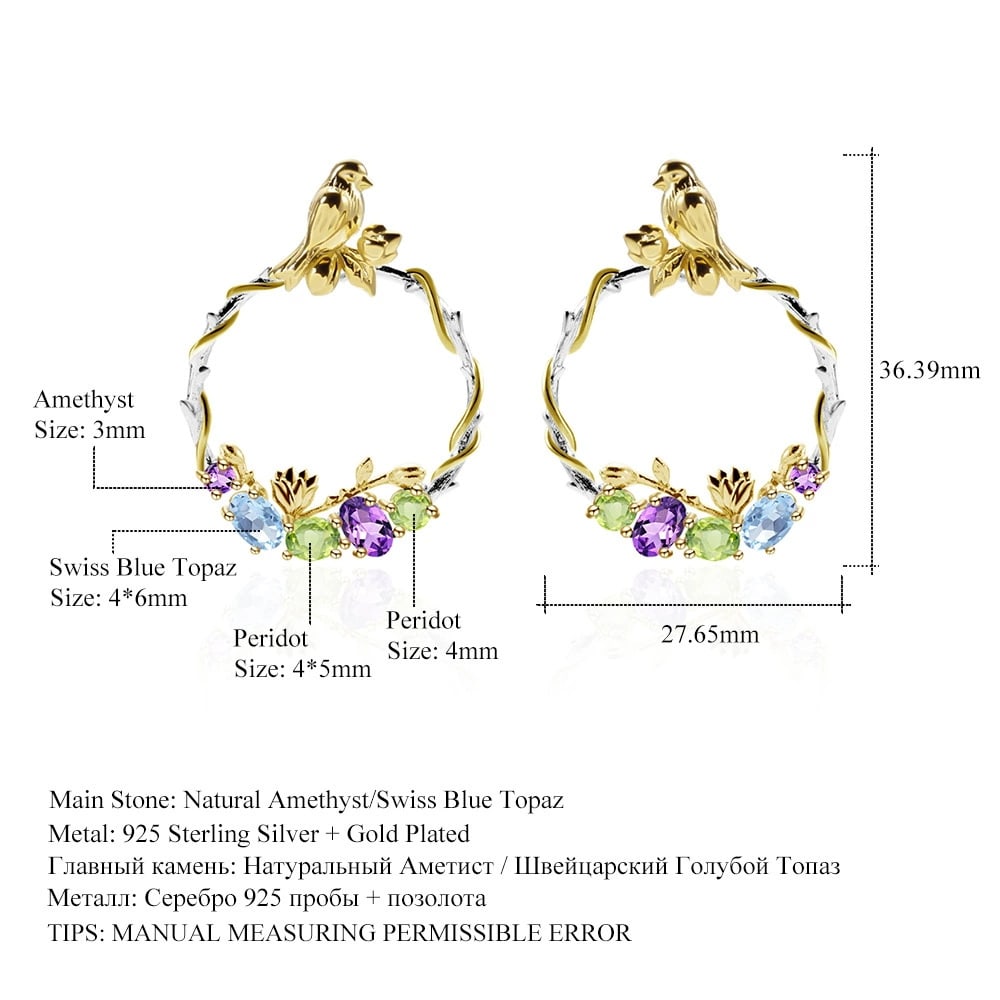 925 Sterling Silver Natural Amethyst & Peridot & Topaz & Bird Earrings - 2