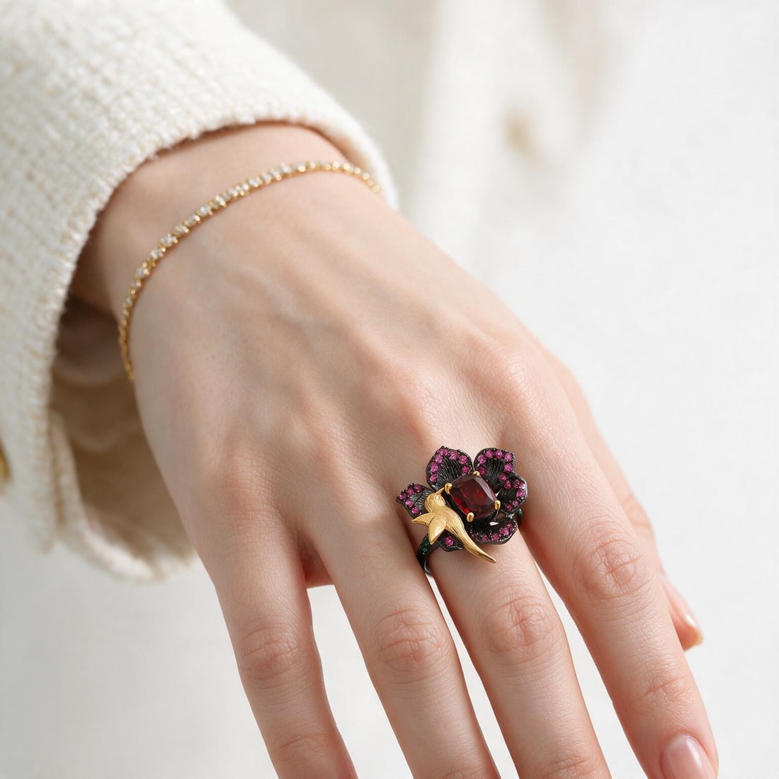 925 Sterling Silver Natural Garnet & Lab Created Ruby & Nano Emerald & Flowers Ring - 5