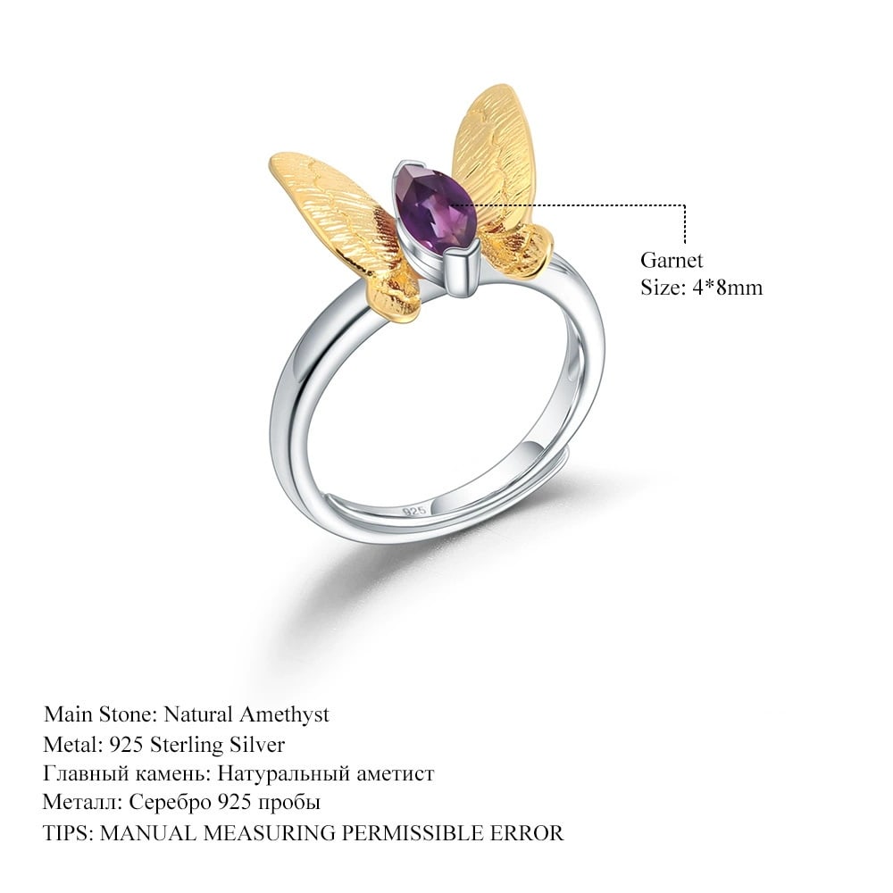 925 Sterling Silver Natural Amethyst & Butterfly Ring - 3