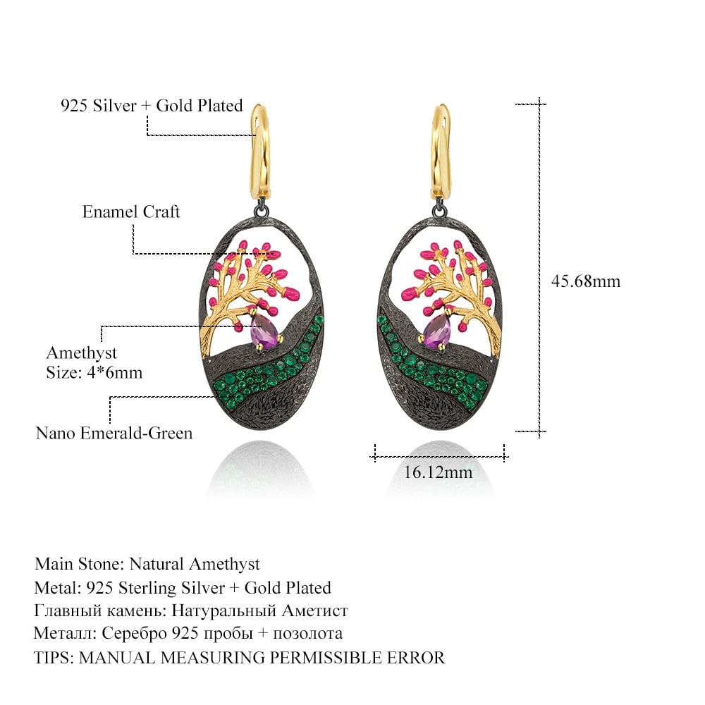 925 Sterling Silver Natural Amethyst & Nano Emerald Earrings - 2