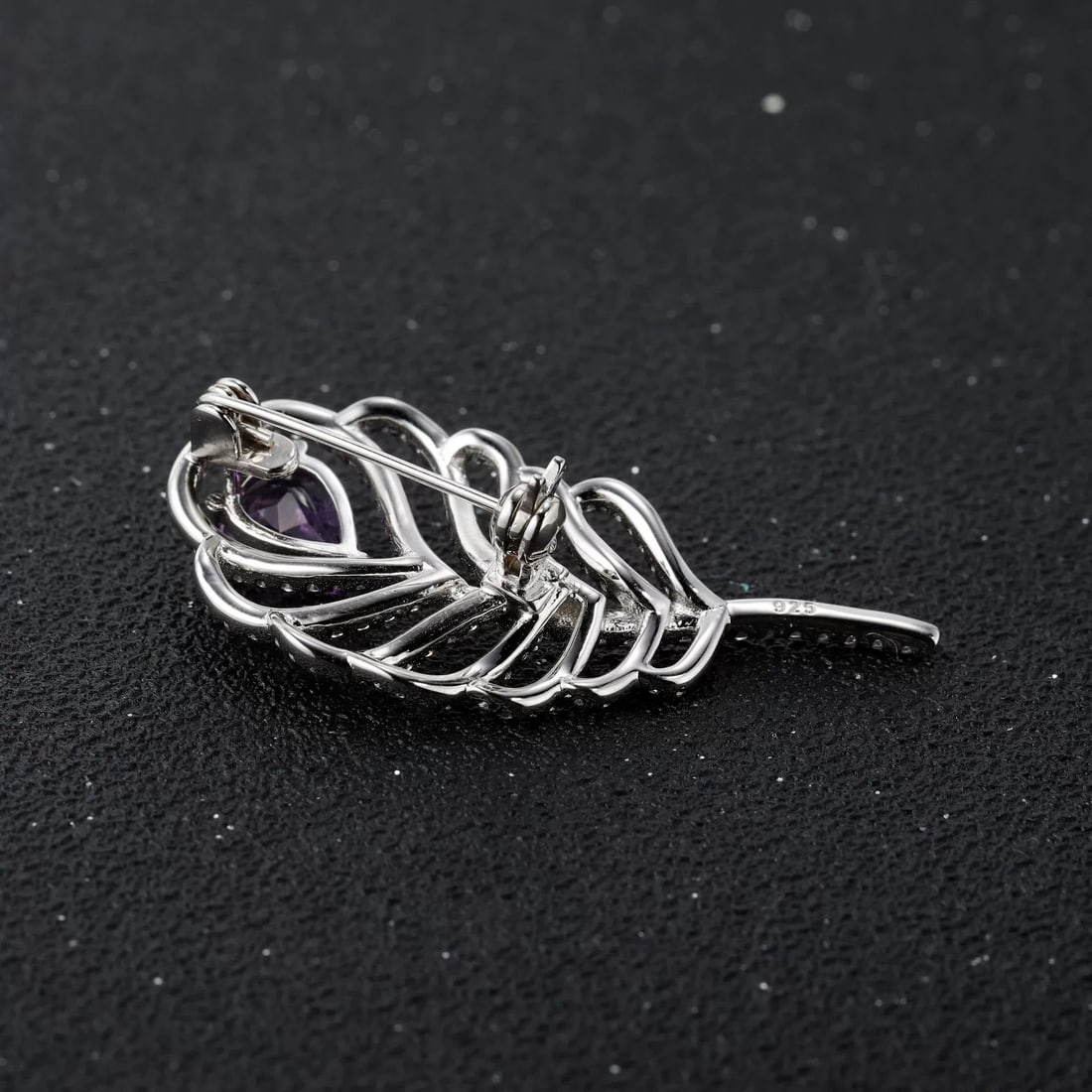 925 Sterling Silver Natural Amethyst & Cubic Zirconia Brooch - 3