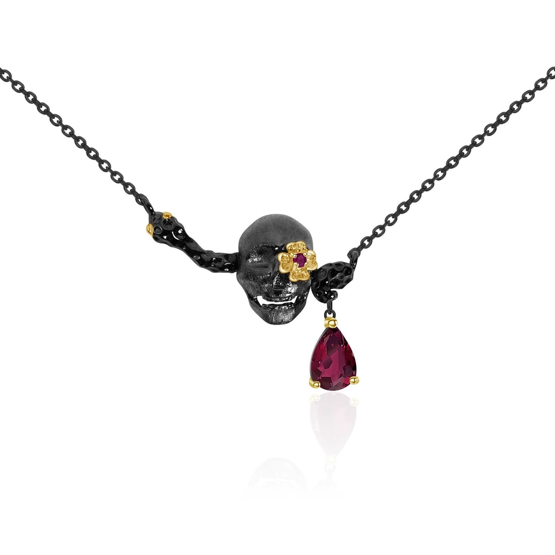 925 Sterling Silver Glass-fillde Ruby & Synthetic Ruby Necklace: Ref:260821134 // gold content:925 sterling silver // main gemstone:ruby // shape:pear // carat weight: // color:red // treatment:glass-fillde // // adjacent gemstone 2 : synthetic ruby // shape:round
