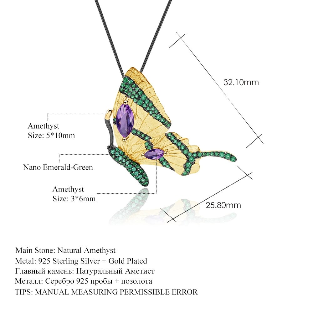 925 Sterling Silver Natural Amethyst & Nano Emerald & Butterfly Necklace - 2