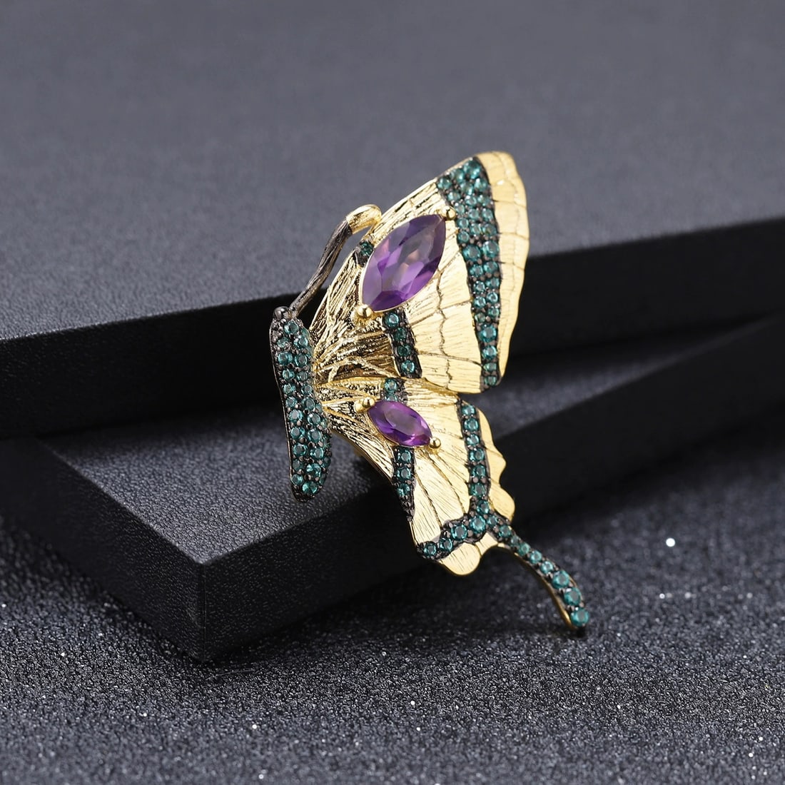 925 Sterling Silver Natural Amethyst & Nano Emerald & Butterfly Necklace - 5