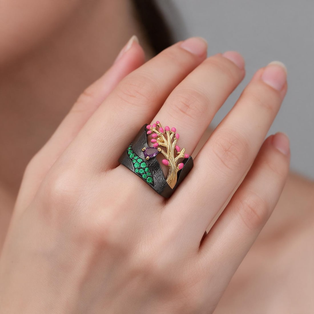 925 Sterling Silver Natural Amethyst & Nano Emerald Ring - 6