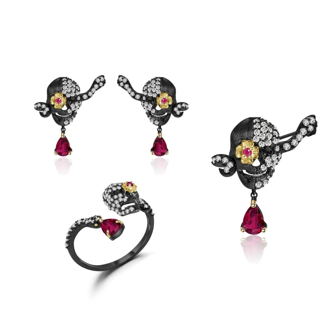 925 Sterling Silver Glass-fillde Ruby & Cubic Zirconia & Synthetic Ruby Jewelry Set: Ref:260821156 // gold content:925 sterling silver // ring size:7. 25us // // main gemstone:ruby // shape:pear // carat weight: // color:red // treatment:glass-fillde // // adjacent gemstone 2 : cubic