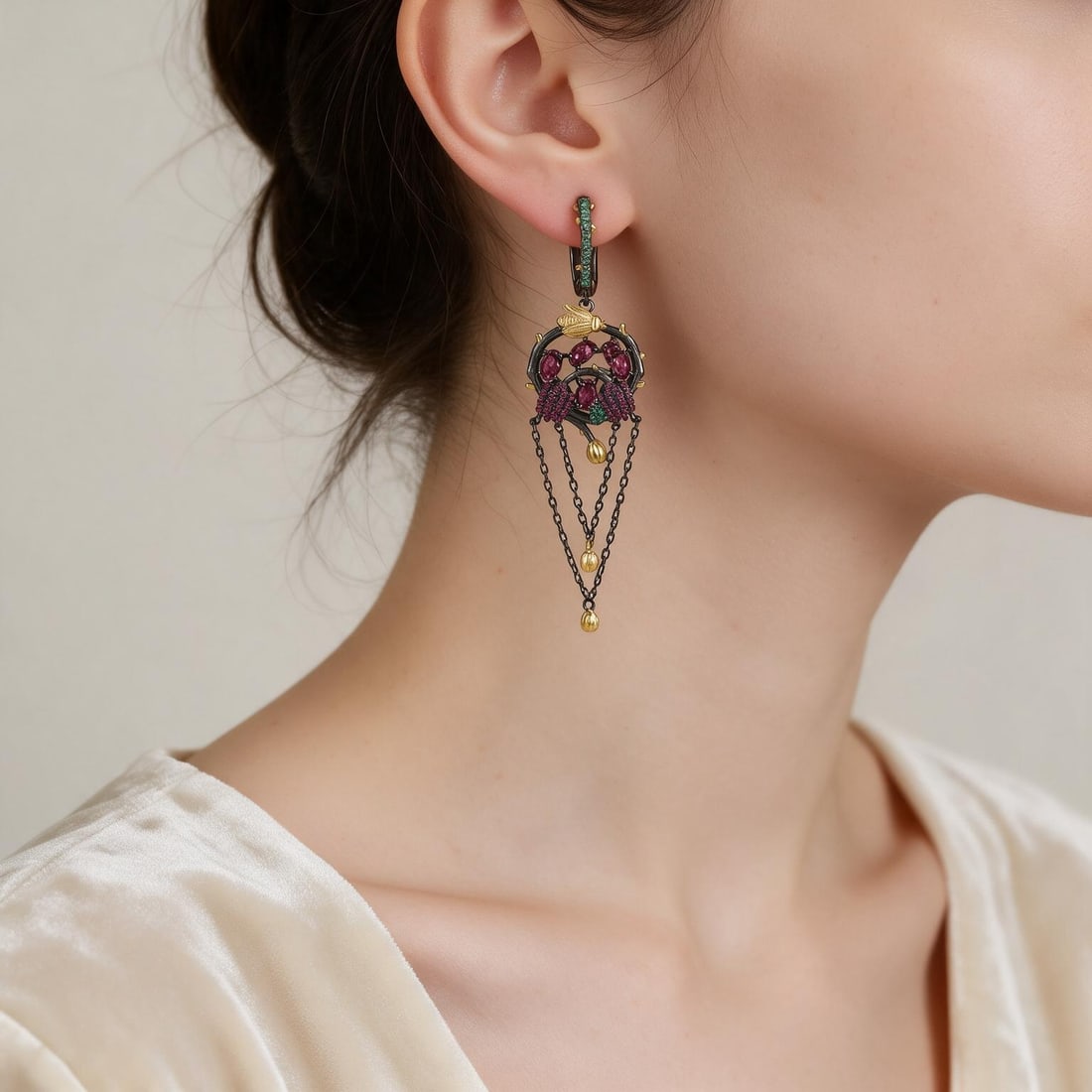 925 Sterling Silver Natural Rhodolite Garnet & Lab Created Ruby & Nano Emerald Earrings - 5