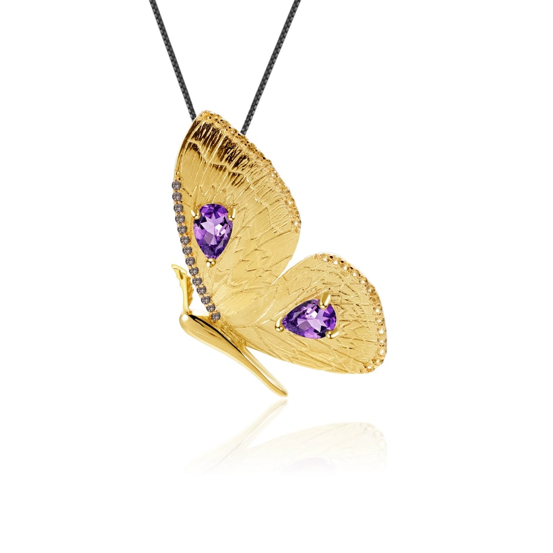 925 Sterling Silver Natural Amethyst & Butterfly Necklace: Ref:260821158 // gold content:925 sterling silver // main gemstone:amethyst // shape:pear // carat weight: // color:purple // treatment:natural // Condition: New Low Estimate: 370.00 High Estimate: