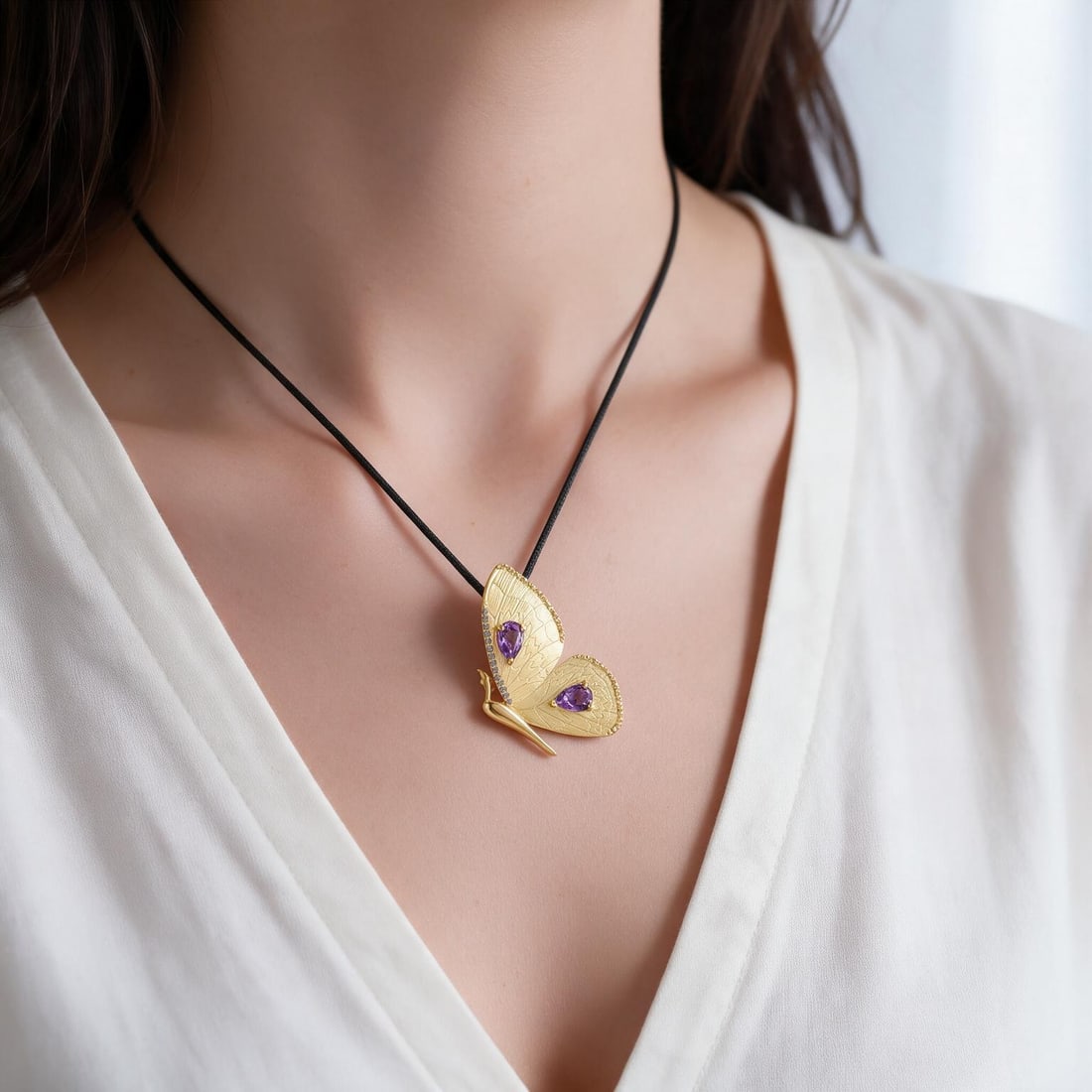 925 Sterling Silver Natural Amethyst & Butterfly Necklace - 6